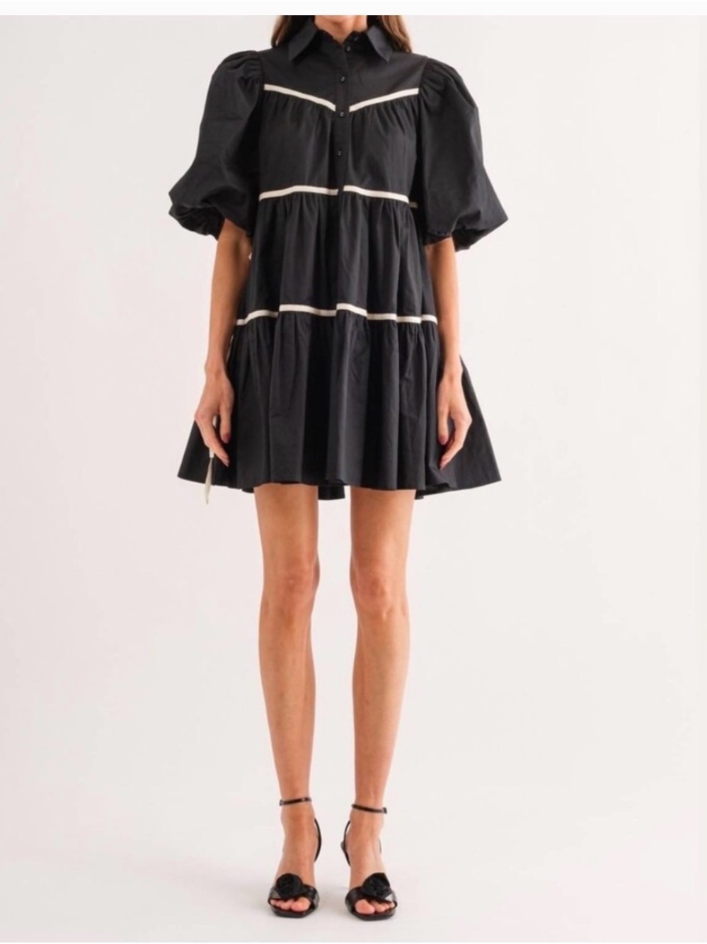 NWT Avara Navy Puff-Sleeve Mini Dress with Cream Trim